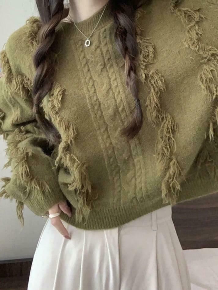 Cozy Solid Tassel Cable Knit Sweater for Y2K Fashion Enthusiasts