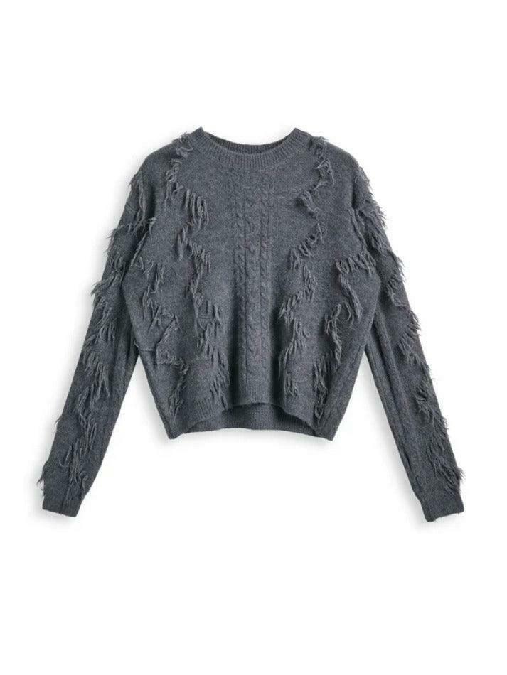 Cozy Solid Tassel Cable Knit Sweater for Y2K Fashion Enthusiasts