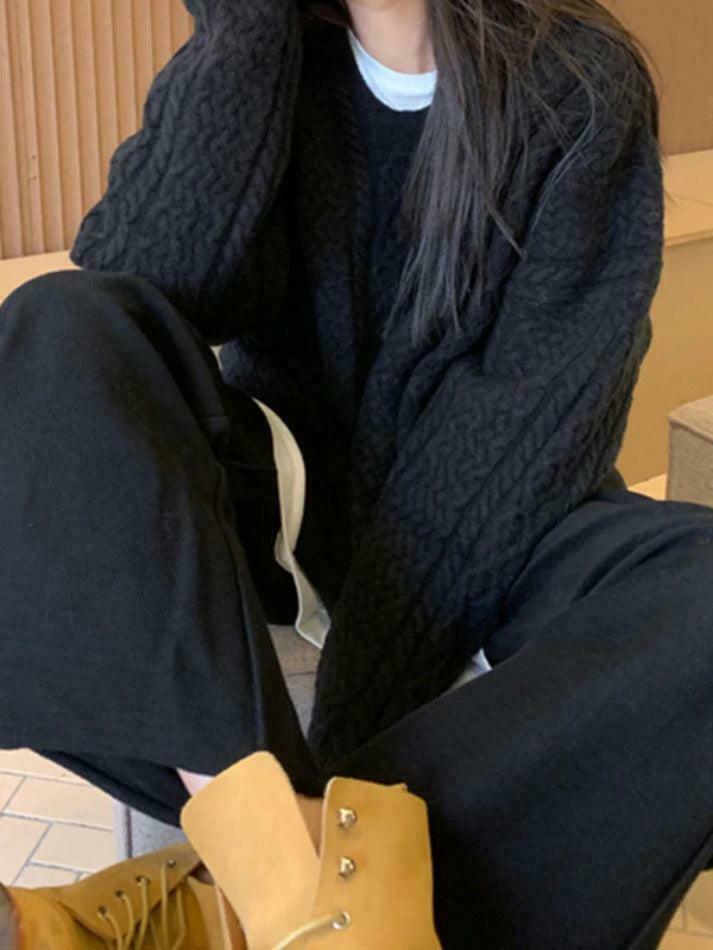 Cozy Solid V-Neck Cable Knit Sweater for Y2K Fashion Enthusiasts