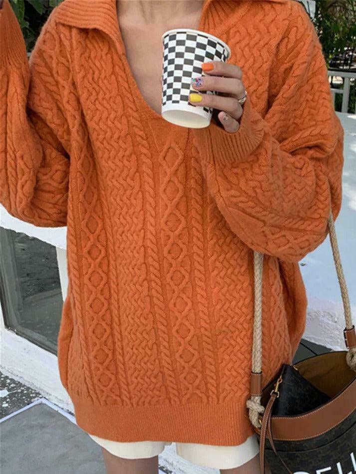 Cozy Solid V-Neck Cable Knit Sweater for Y2K Fashion Enthusiasts