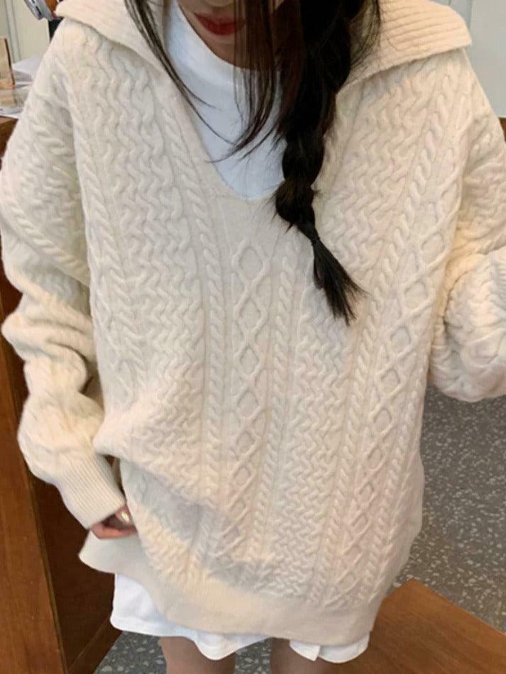 Cozy Solid V-Neck Cable Knit Sweater for Y2K Fashion Enthusiasts