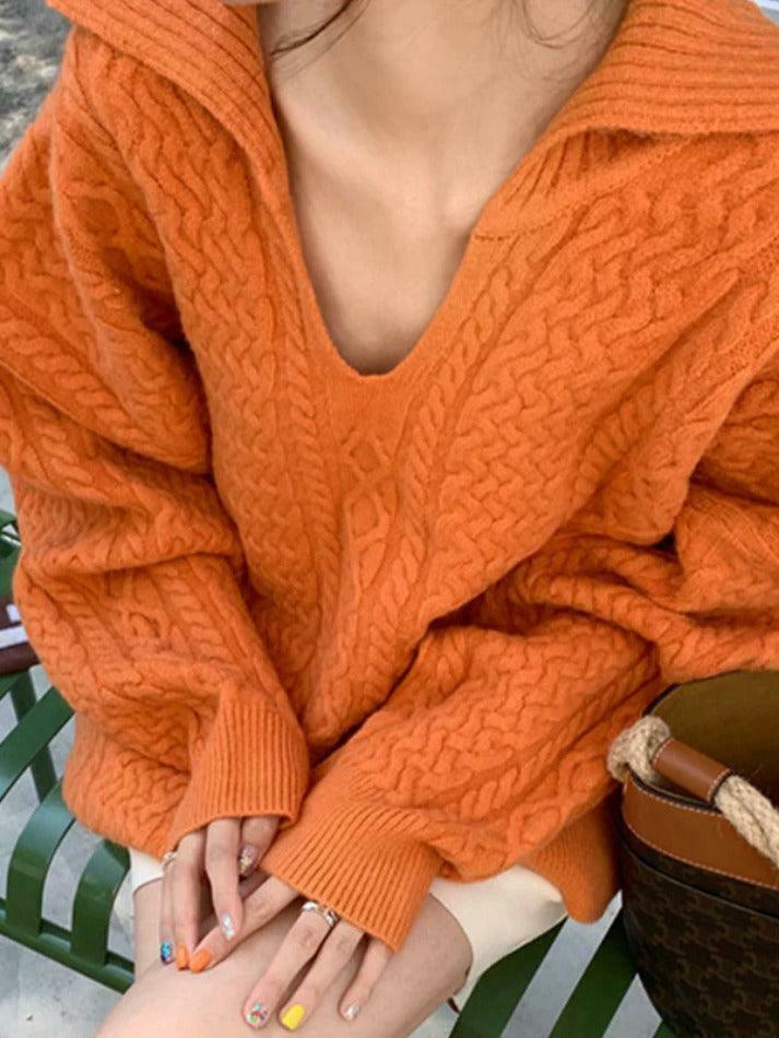 Cozy Solid V-Neck Cable Knit Sweater for Y2K Fashion Enthusiasts