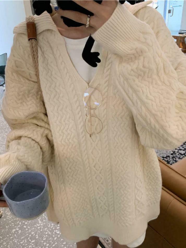 Cozy Solid V-Neck Cable Knit Sweater for Y2K Fashion Enthusiasts