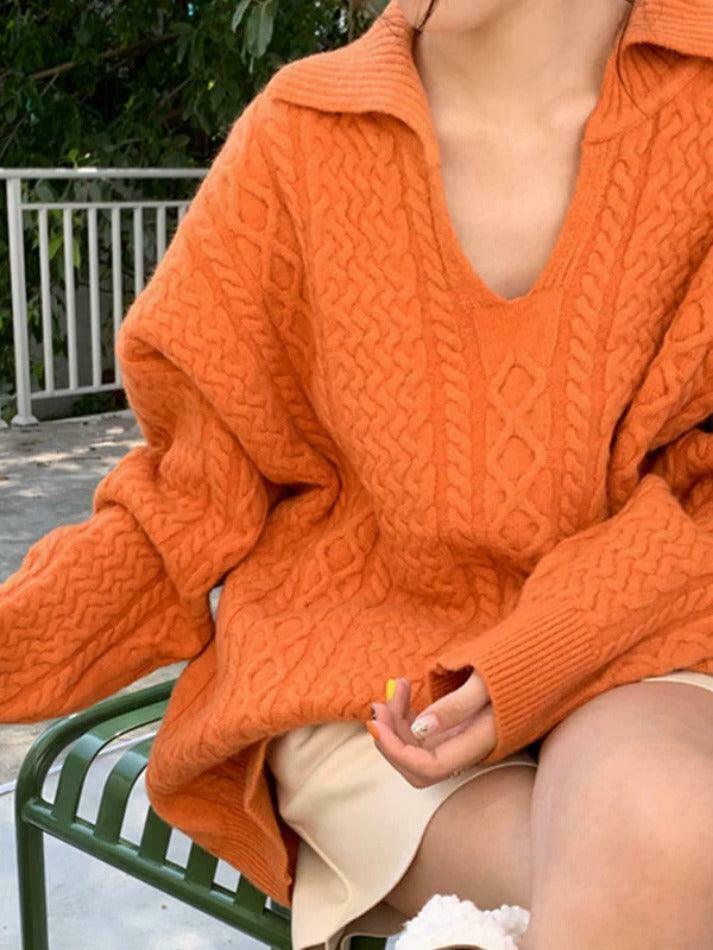 Cozy Solid V-Neck Cable Knit Sweater for Y2K Fashion Enthusiasts