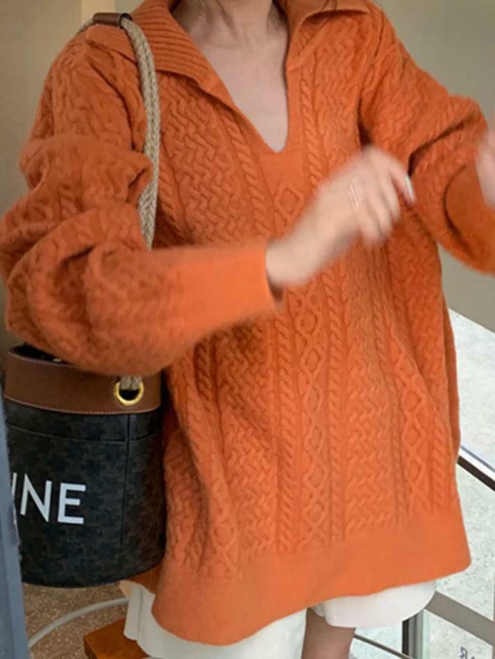 Cozy Solid V-Neck Cable Knit Sweater for Y2K Fashion Enthusiasts