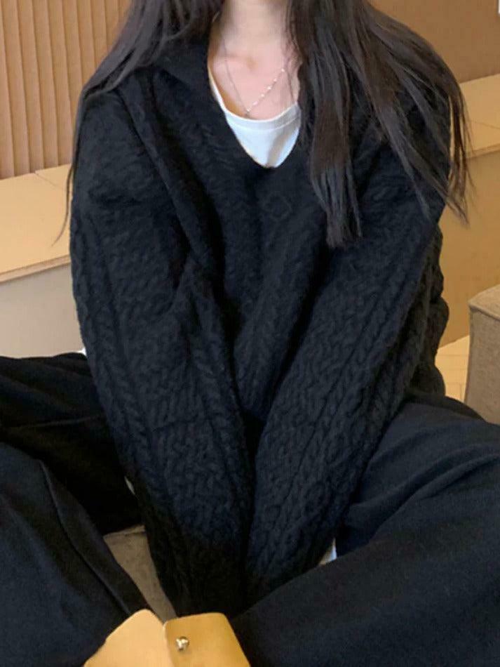 Cozy Solid V-Neck Cable Knit Sweater for Y2K Fashion Enthusiasts