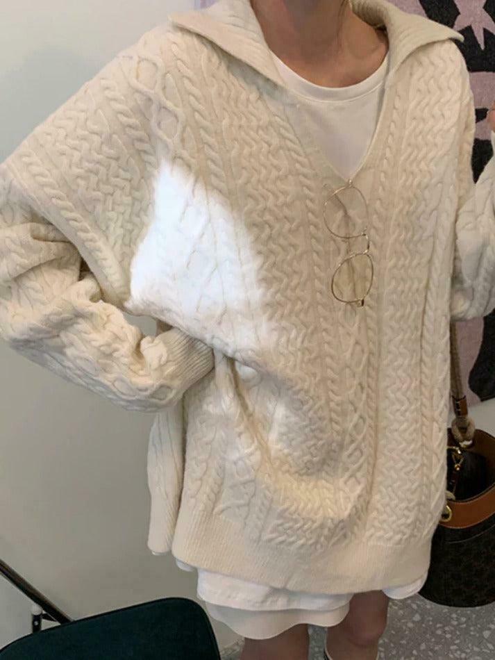 Cozy Solid V-Neck Cable Knit Sweater for Y2K Fashion Enthusiasts