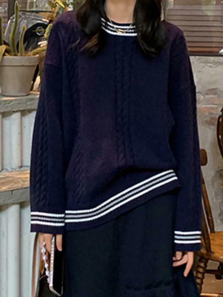 Cozy Striped Trim Cable Knit Pullover Sweater for Y2K Fashion Enthusiasts