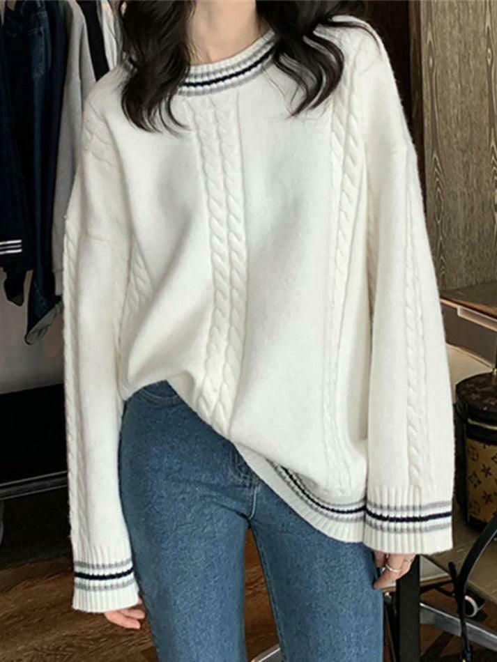 Cozy Striped Trim Cable Knit Pullover Sweater for Y2K Fashion Enthusiasts