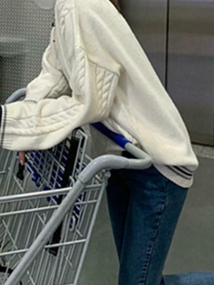 Cozy Striped Trim Cable Knit Pullover Sweater for Y2K Fashion Enthusiasts