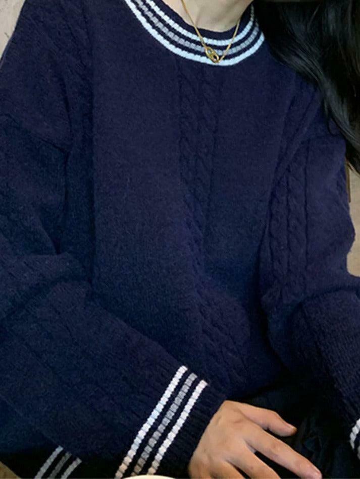 Cozy Striped Trim Cable Knit Pullover Sweater for Y2K Fashion Enthusiasts