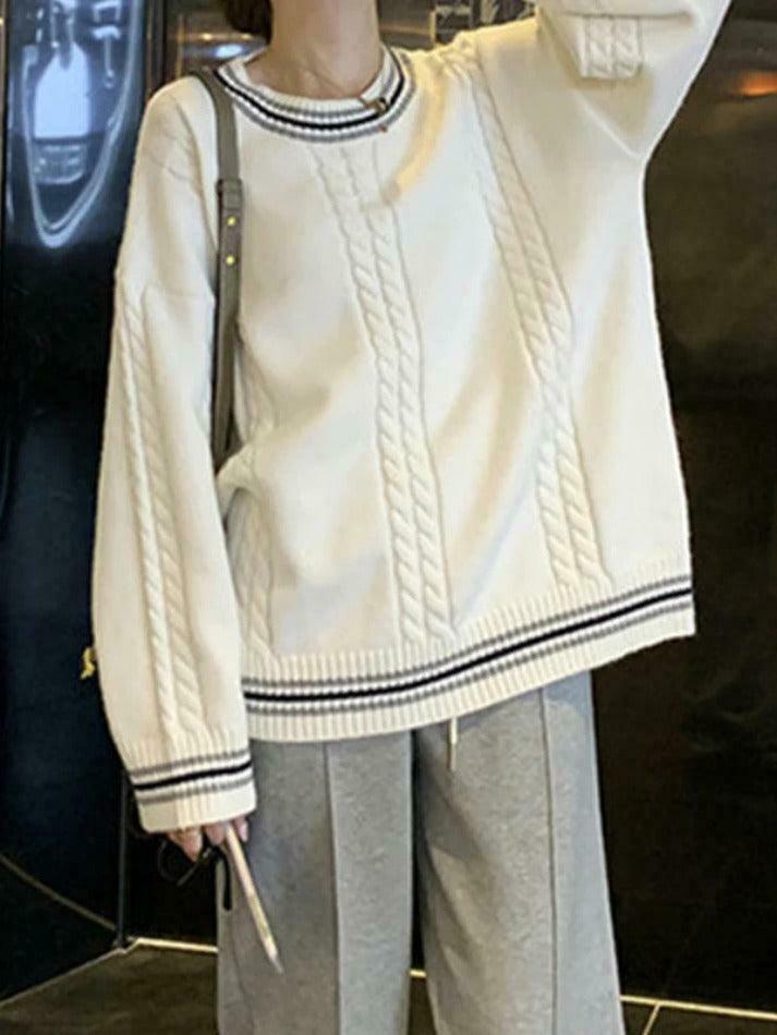 Cozy Striped Trim Cable Knit Pullover Sweater for Y2K Fashion Enthusiasts