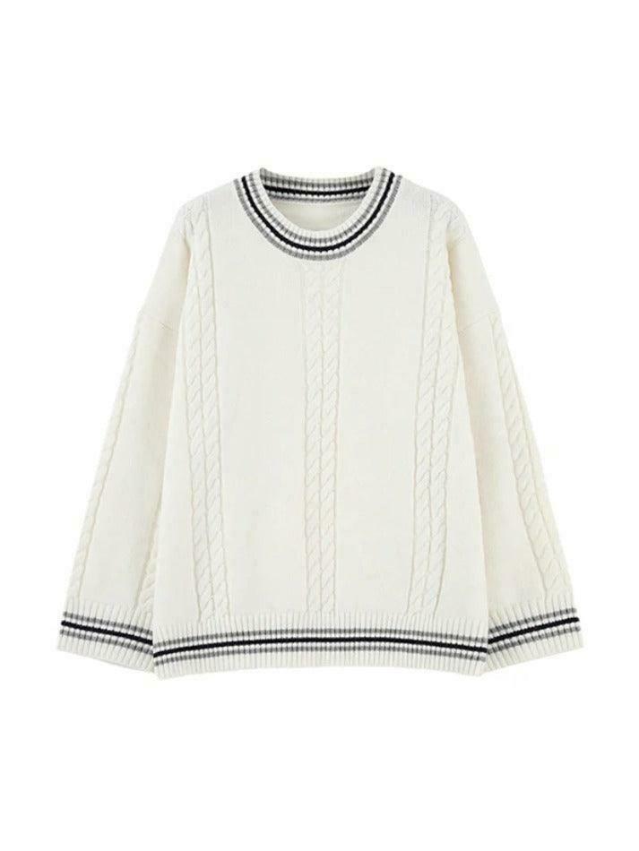 Cozy Striped Trim Cable Knit Pullover Sweater for Y2K Fashion Enthusiasts