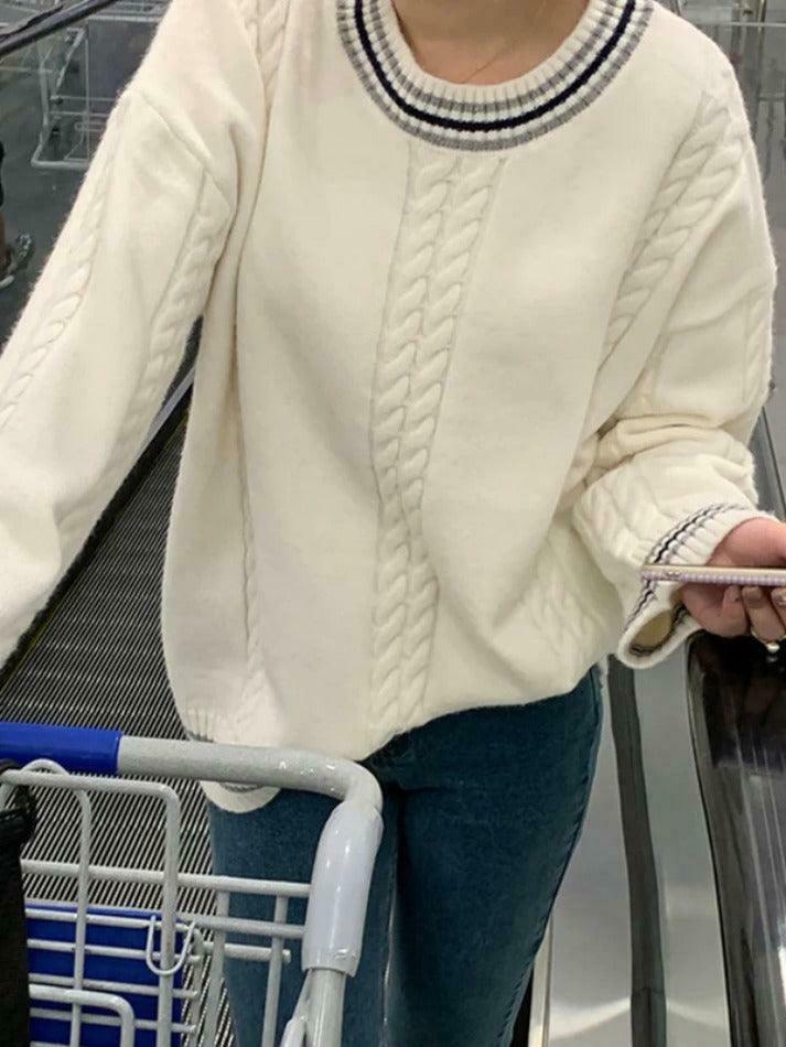 Cozy Striped Trim Cable Knit Pullover Sweater for Y2K Fashion Enthusiasts