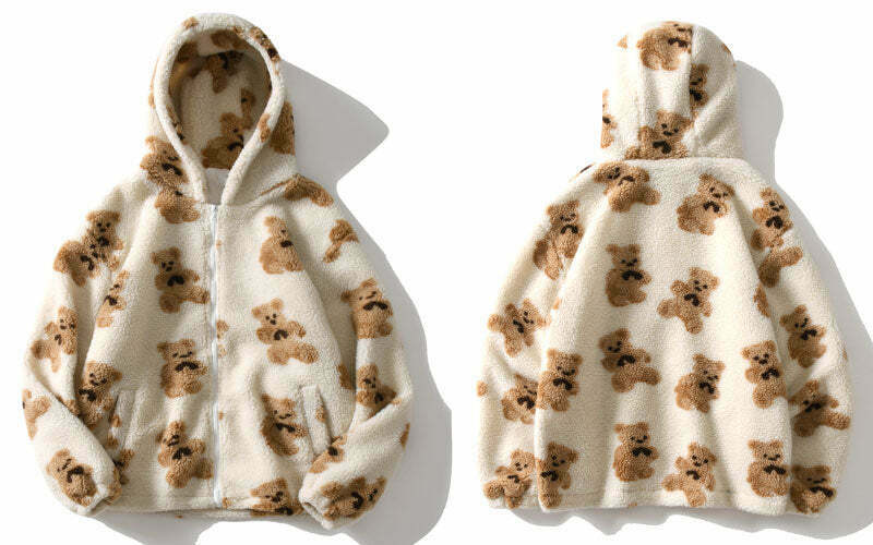 Cozy Teddy Bear Fleece Jacket for Women - Y2K Fashion Aesthetic with a Touch of Grunge Style