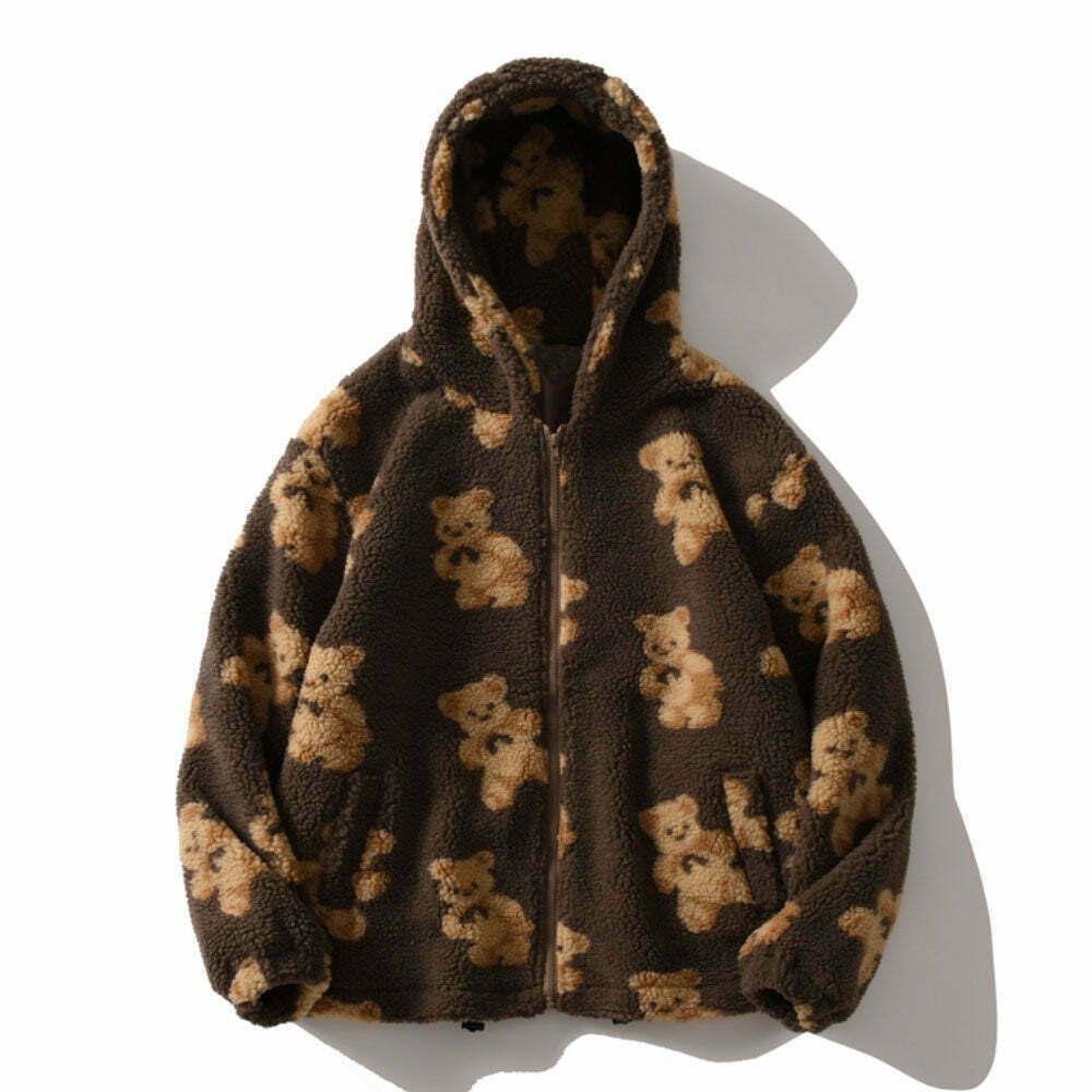 Cozy Teddy Bear Fleece Jacket for Women - Y2K Fashion Aesthetic with a Touch of Grunge Style