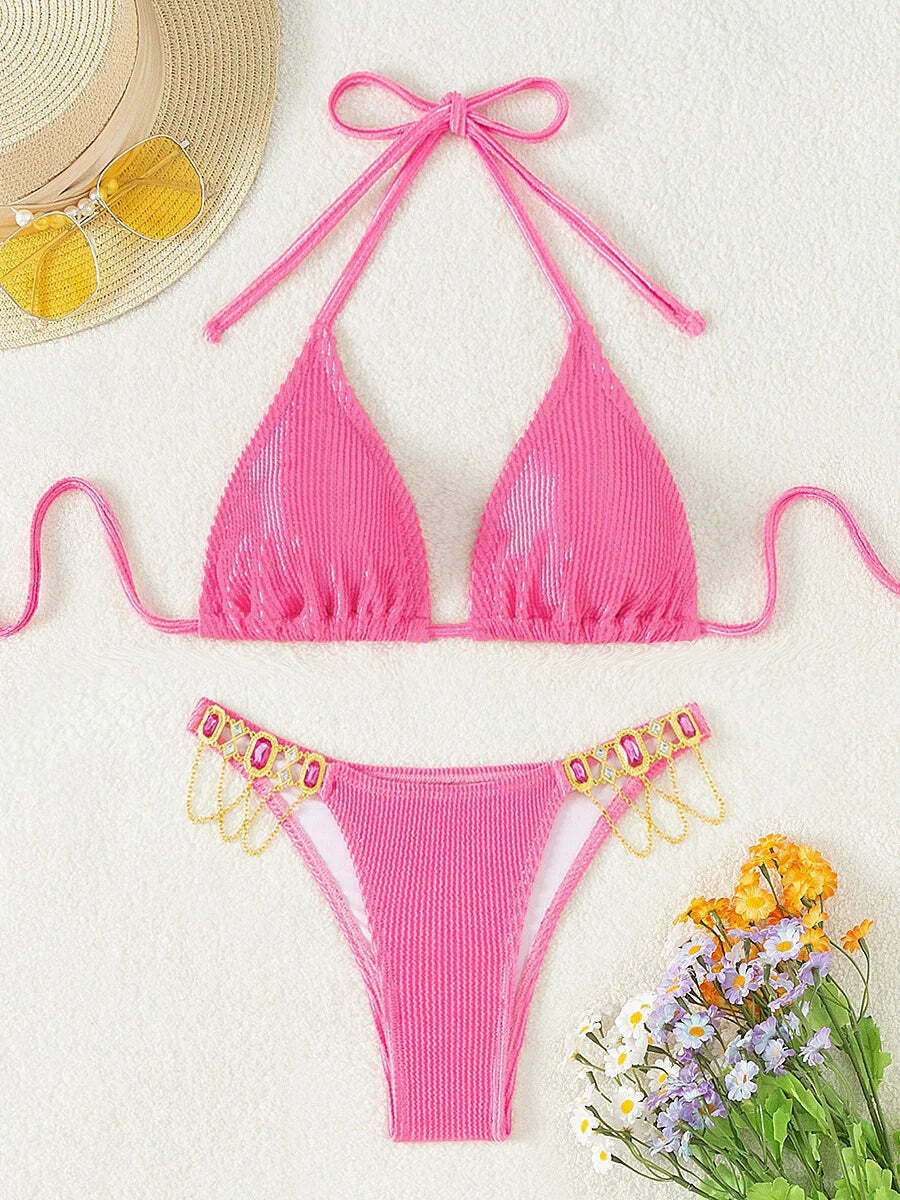 Crystal Lace-Up Bikini in Solid Color - Y2K Fashion Swimwear