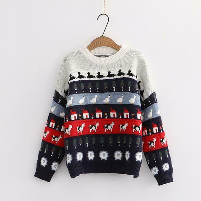 Cute Animals & Trees Embroidery Sweater - Y2K Fashion Coquette Aesthetic Grunge Style