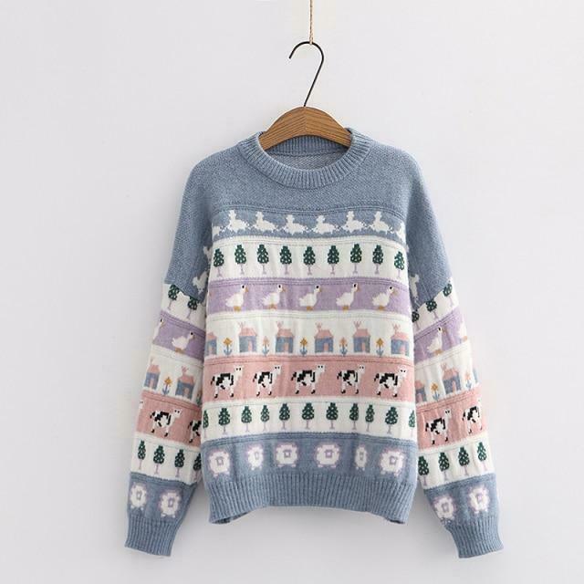 Cute Animals & Trees Embroidery Sweater - Y2K Fashion Coquette Aesthetic Grunge Style