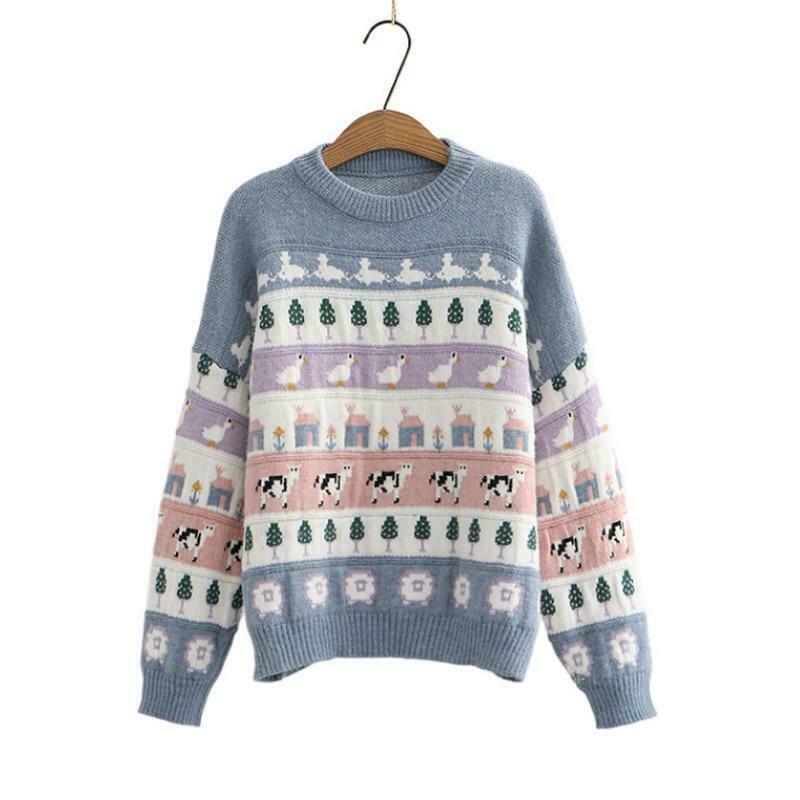 Cute Animals & Trees Embroidery Sweater - Y2K Fashion Coquette Aesthetic Grunge Style