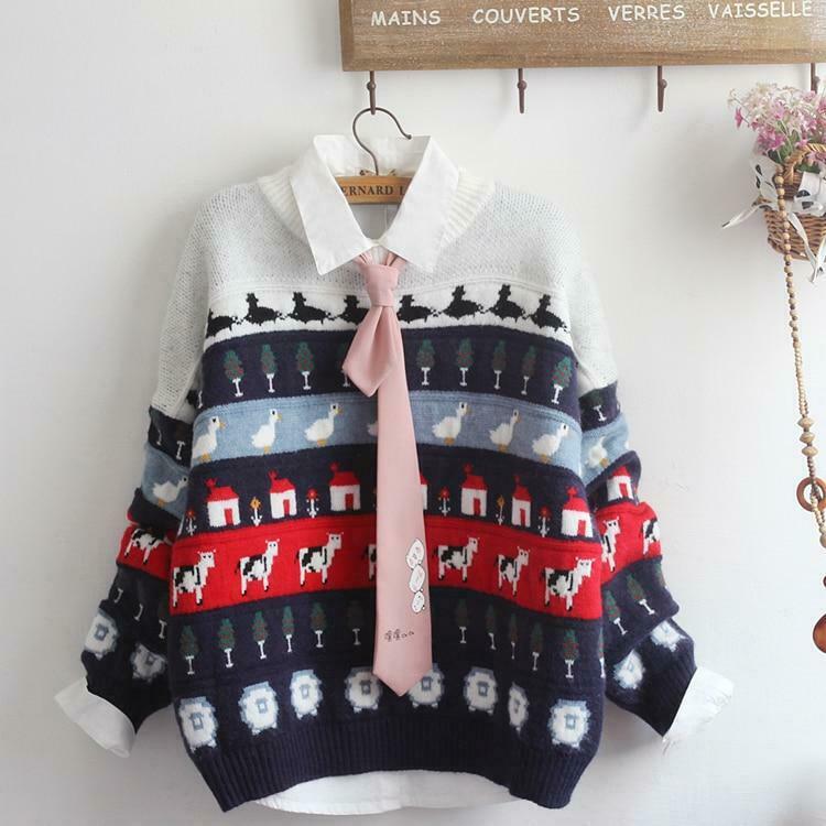 Cute Animals & Trees Embroidery Sweater - Y2K Fashion Coquette Aesthetic Grunge Style