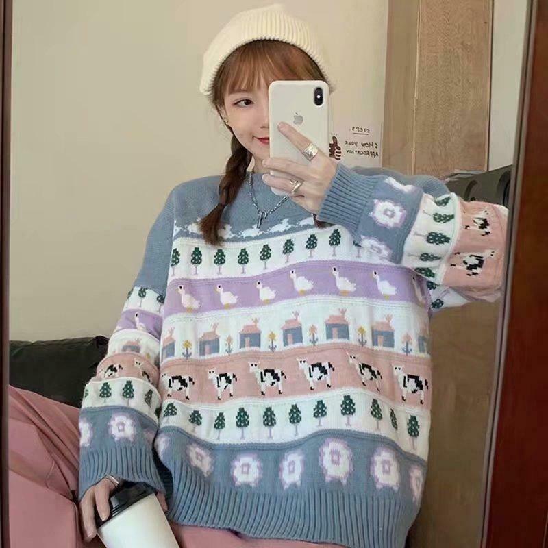 Cute Animals & Trees Embroidery Sweater - Y2K Fashion Coquette Aesthetic Grunge Style