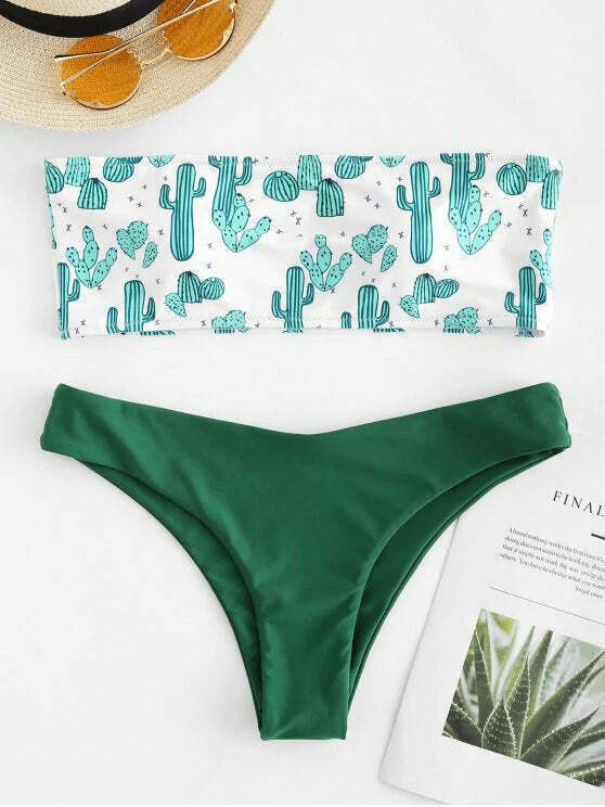 Cute Cactus Print Bandeau Bikini Set for Y2K Fashion Enthusiasts
