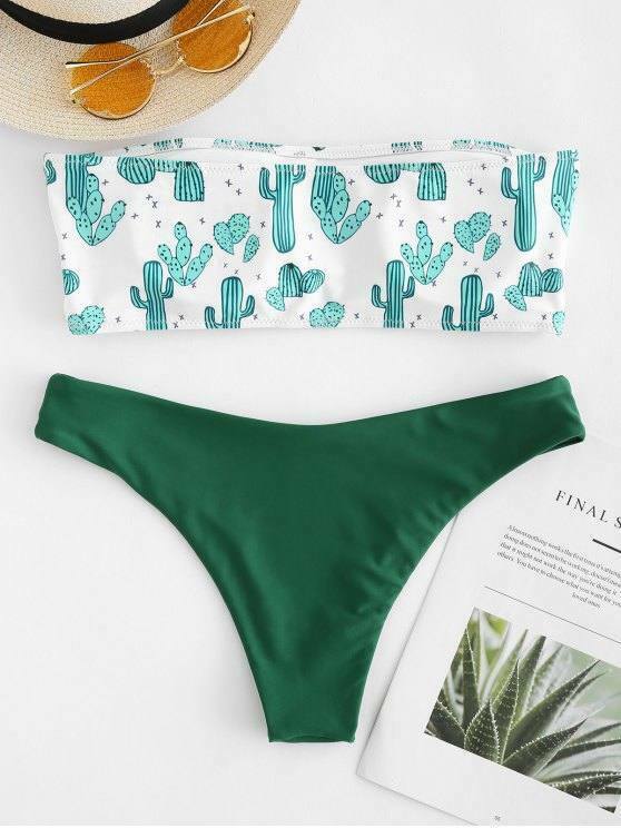Cute Cactus Print Bandeau Bikini Set for Y2K Fashion Enthusiasts