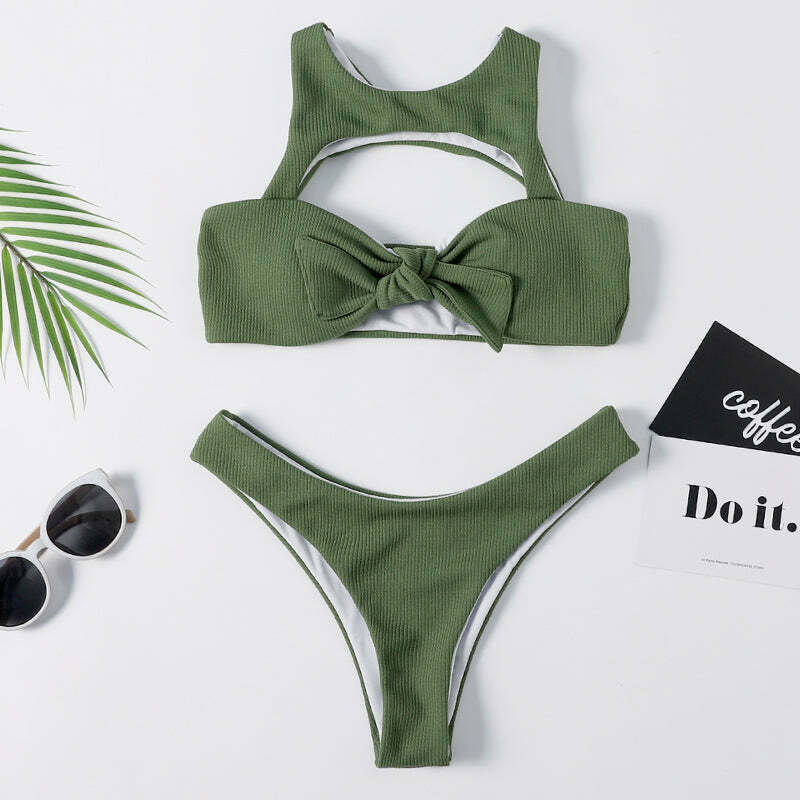 Cute Green Caged Bralette Bikini Set for Y2K Fashion and Aesthetic Pictures