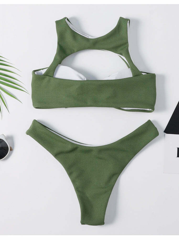 Cute Green Caged Bralette Bikini Set for Y2K Fashion and Aesthetic Pictures