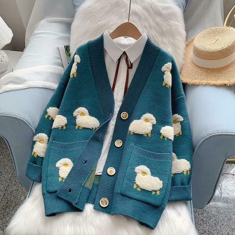 Cute Sheep Cardigan Sweater - Y2K Fashion Coquette Aesthetic Grunge Style Pastel Goth Fall Sweaters