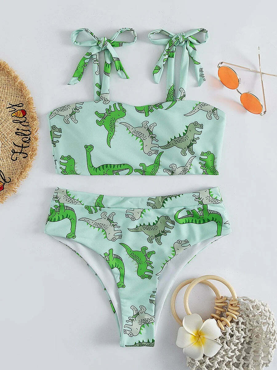 Dinosaur Print High Waist Bikini Set for Y2K Fashion Enthusiasts