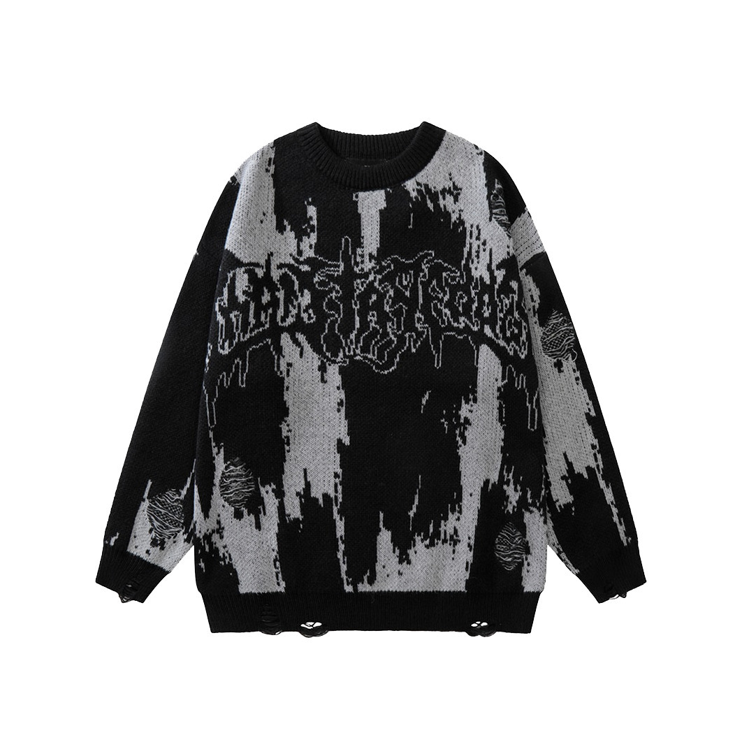 Distressed Gothic Knitted Sweater for Y2K Aesthetic Fashionistas: Coquette Style with a Grunge Twist