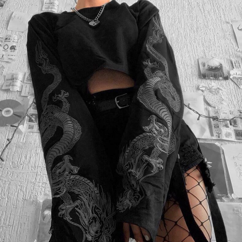 Dragon Cropped Long Sleeve: Y2K Fashion Aesthetic Top - Coquette Grunge Pastel Goth