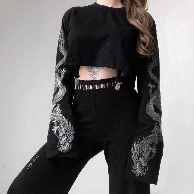 Dragon Pattern Long Sleeve Sweatshirt - Y2K Aesthetic Top for Women with Coquette & Grunge Style