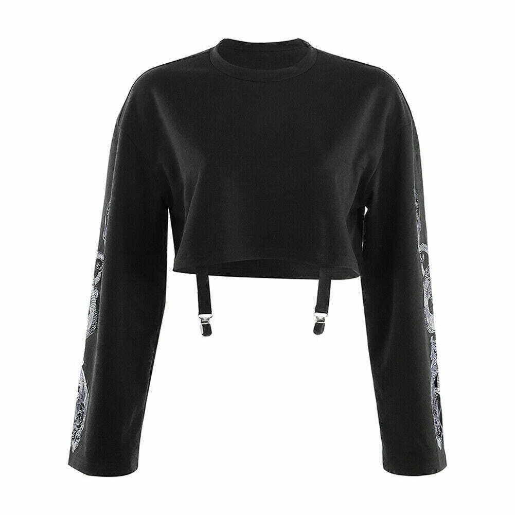 Dragon Pattern Long Sleeve Sweatshirt - Y2K Aesthetic Top for Women with Coquette & Grunge Style