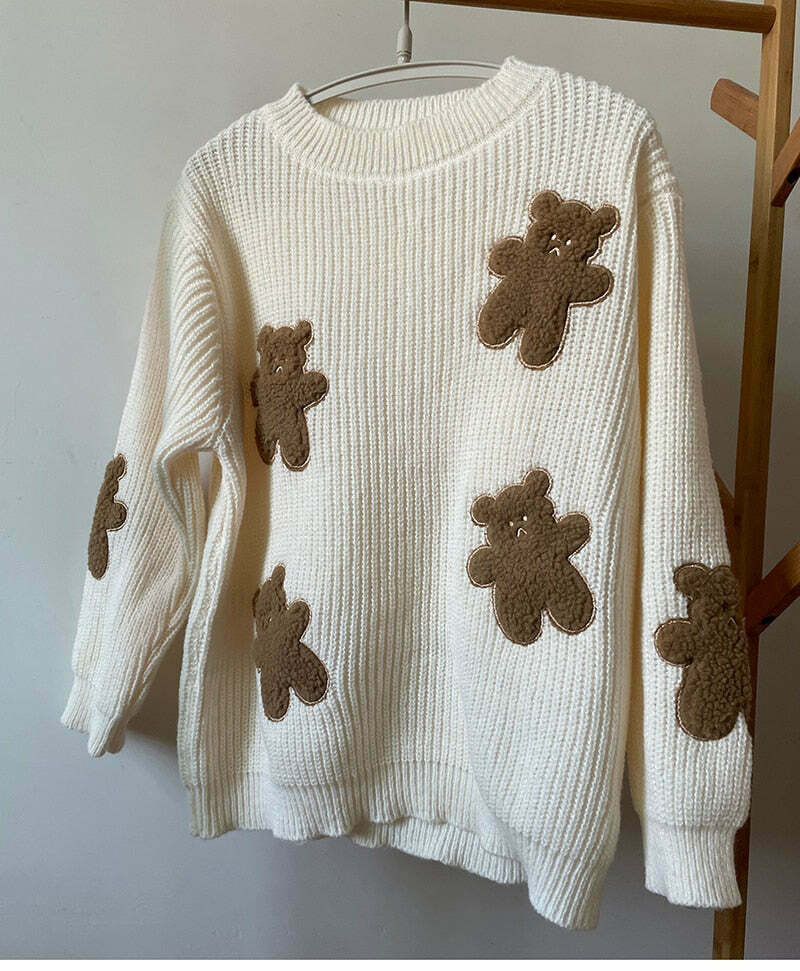 Dusty Bear Knit Pullover - Y2K Aesthetic with Grunge & Coquette Style