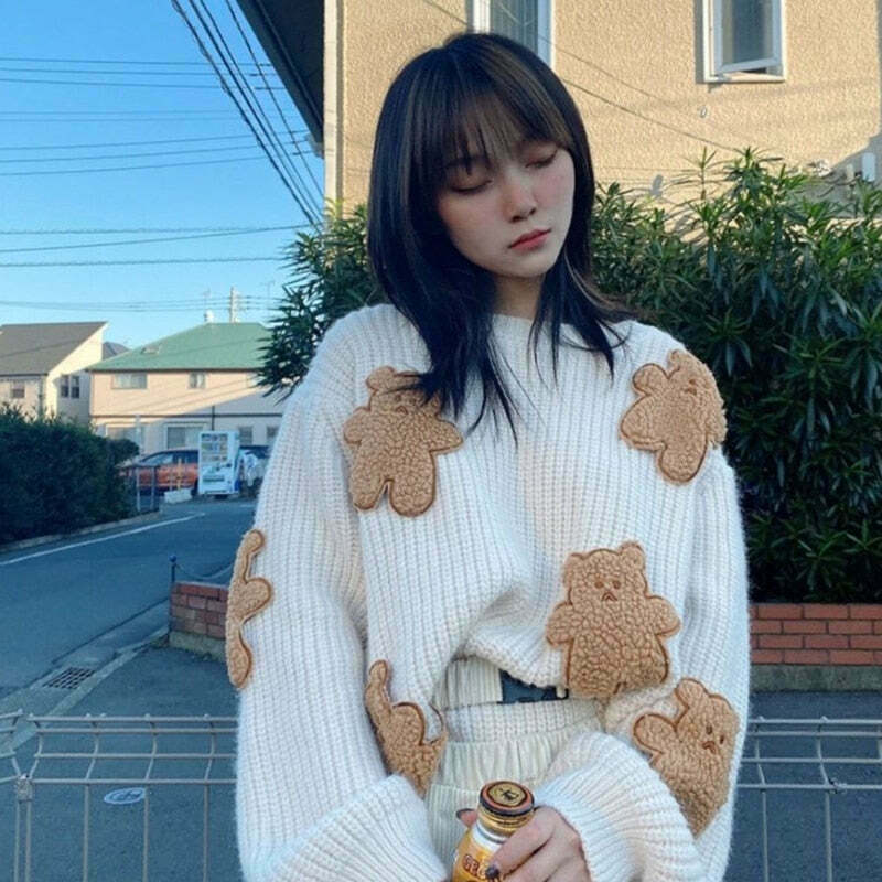 Dusty Bear Knit Pullover - Y2K Aesthetic with Grunge & Coquette Style