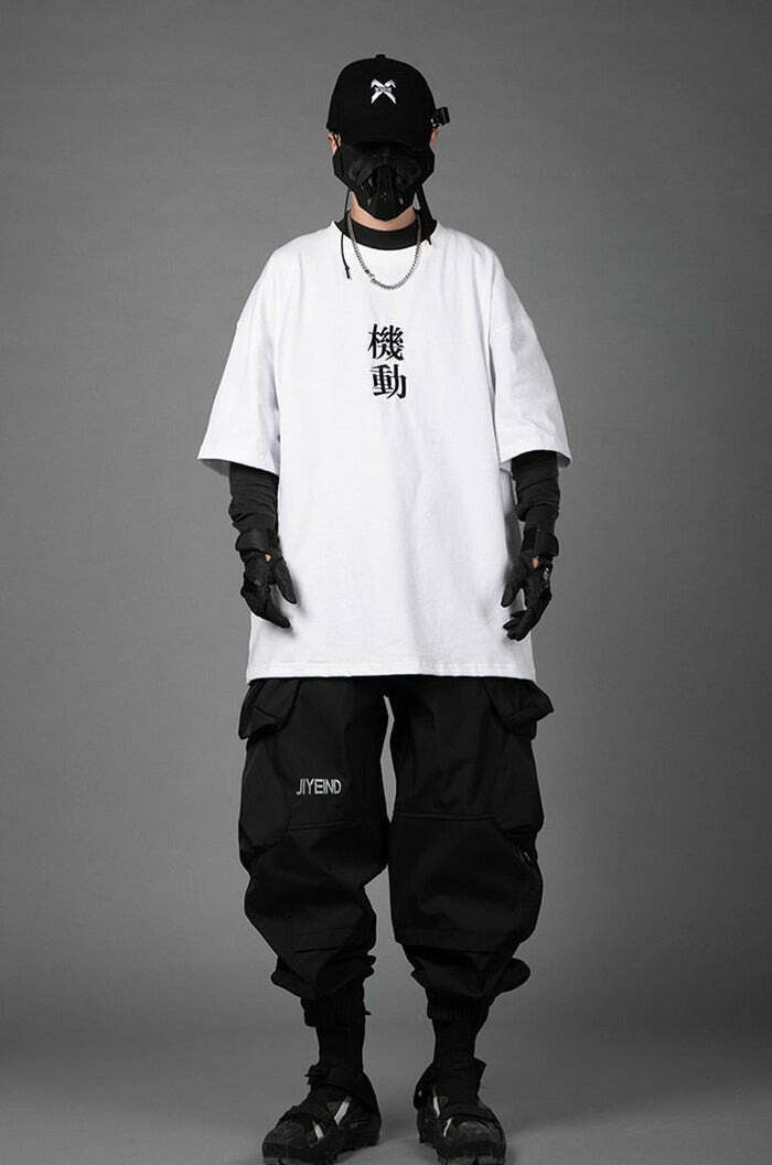Embroidered Kanji Y2K Fashion Tee - Coquette Aesthetic Grunge Style with Pastel Goth Vibes
