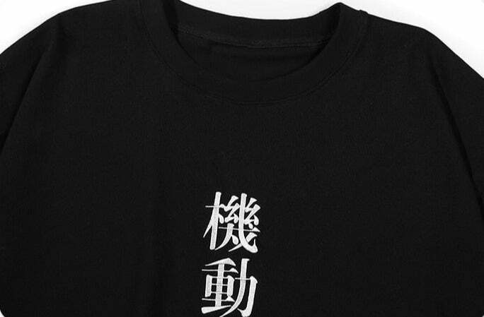 Embroidered Kanji Y2K Fashion Tee - Coquette Aesthetic Grunge Style with Pastel Goth Vibes
