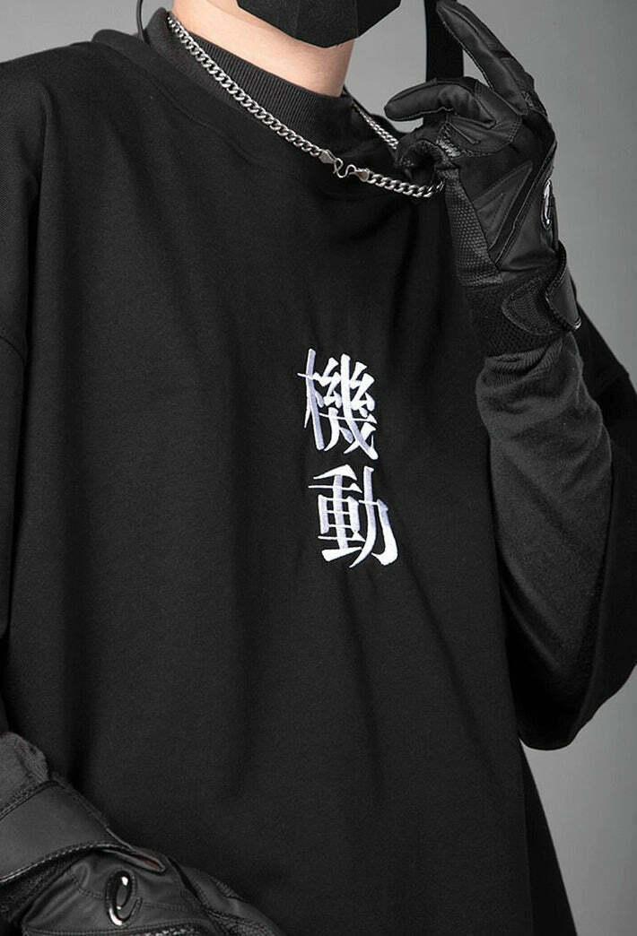 Embroidered Kanji Y2K Fashion Tee - Coquette Aesthetic Grunge Style with Pastel Goth Vibes
