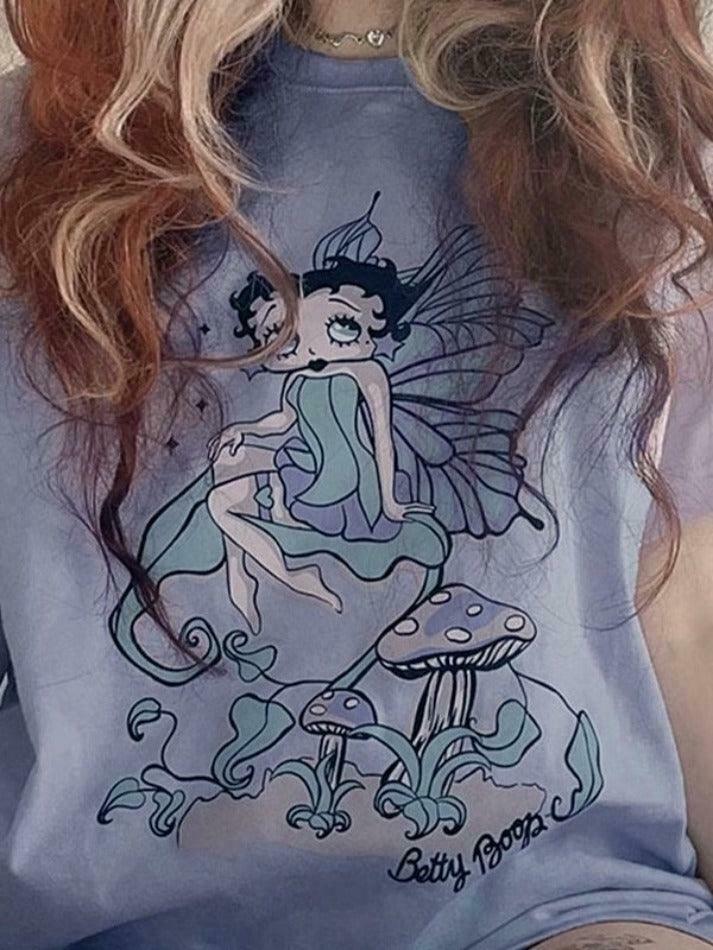 Fairy Cartoon Print Oversized Tee for Y2K Aesthetic Fashion Lovers