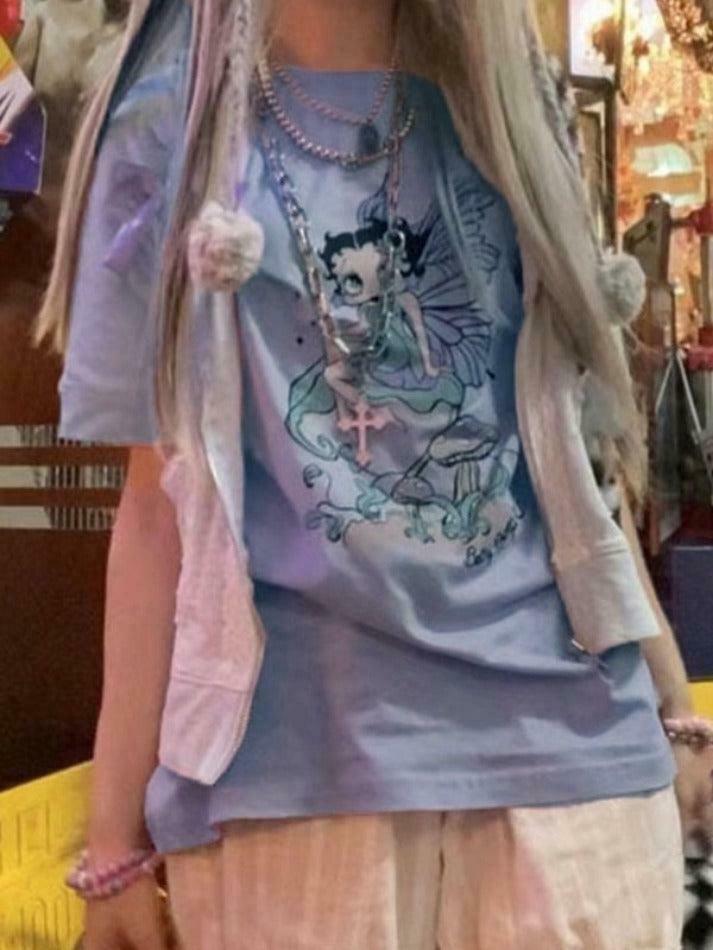 Fairy Cartoon Print Oversized Tee for Y2K Aesthetic Fashion Lovers