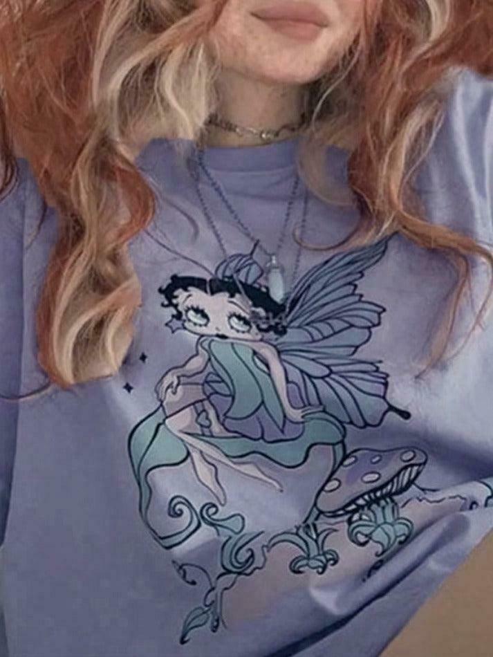 Fairy Cartoon Print Oversized Tee for Y2K Aesthetic Fashion Lovers