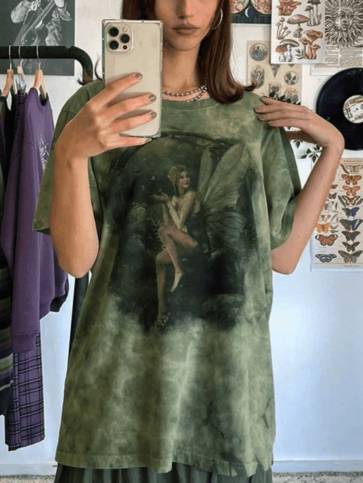 Fairy Print Tie Dye Grunge Tee - Y2K Aesthetic Women's Fashion