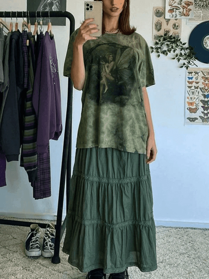 Fairy Print Tie Dye Grunge Tee - Y2K Aesthetic Women's Fashion