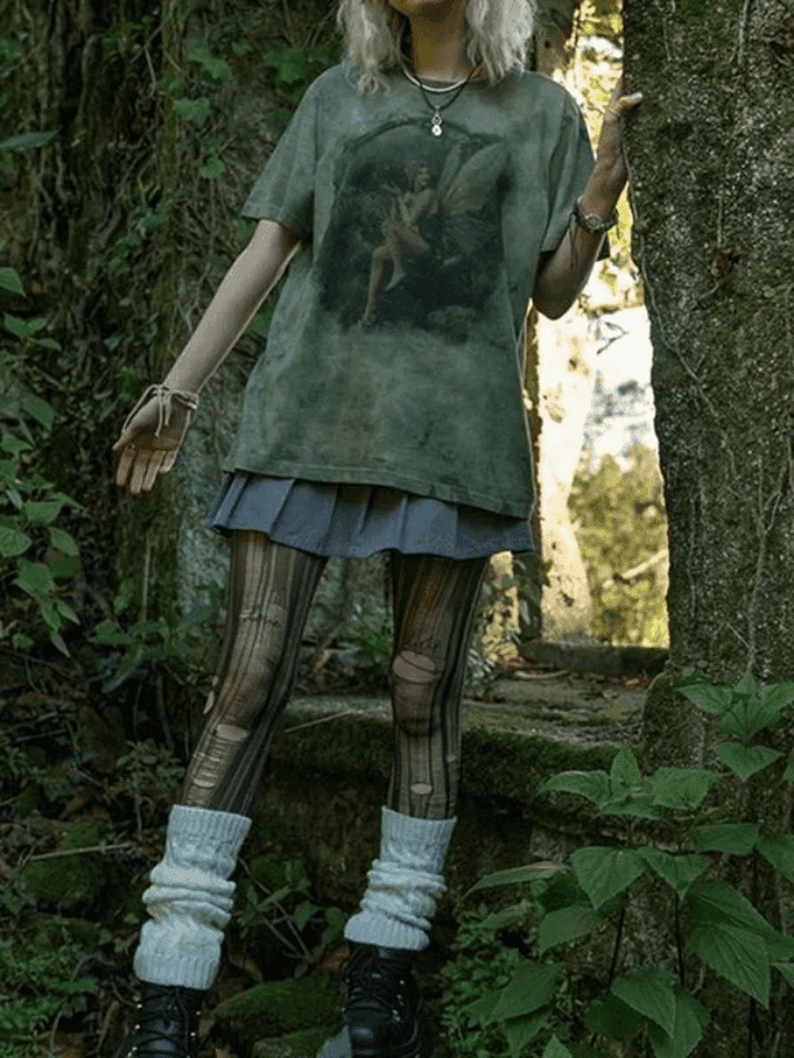 Fairy Print Tie Dye Grunge Tee - Y2K Aesthetic Women's Fashion