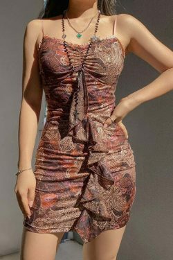Fairycore Style V Neck Brown Mini Dress - Whimsical Aesthetic for Women's Fashion