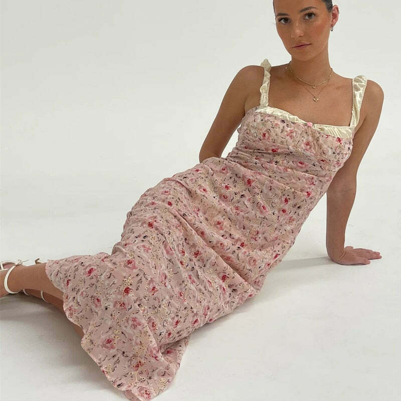 Flamingo Pink Floral Elegance Y2K Dress - Coquette Aesthetic for Women's Fashion