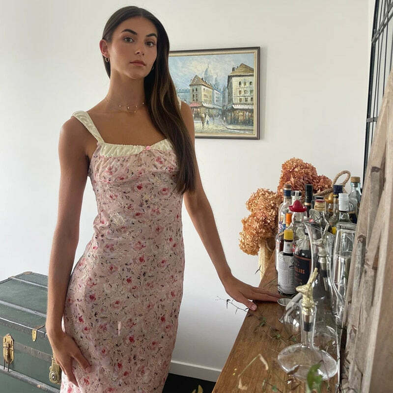 Flamingo Pink Floral Elegance Y2K Dress - Coquette Aesthetic for Women's Fashion